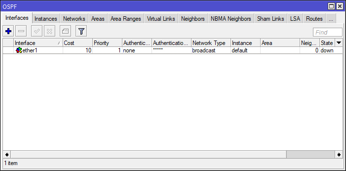 OSPF Interfaces Router 1 Dan 3 Winbox