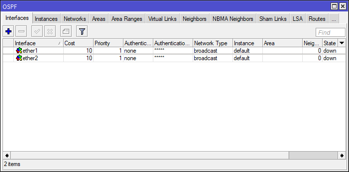 OSPF Interfaces Router2 Winbox