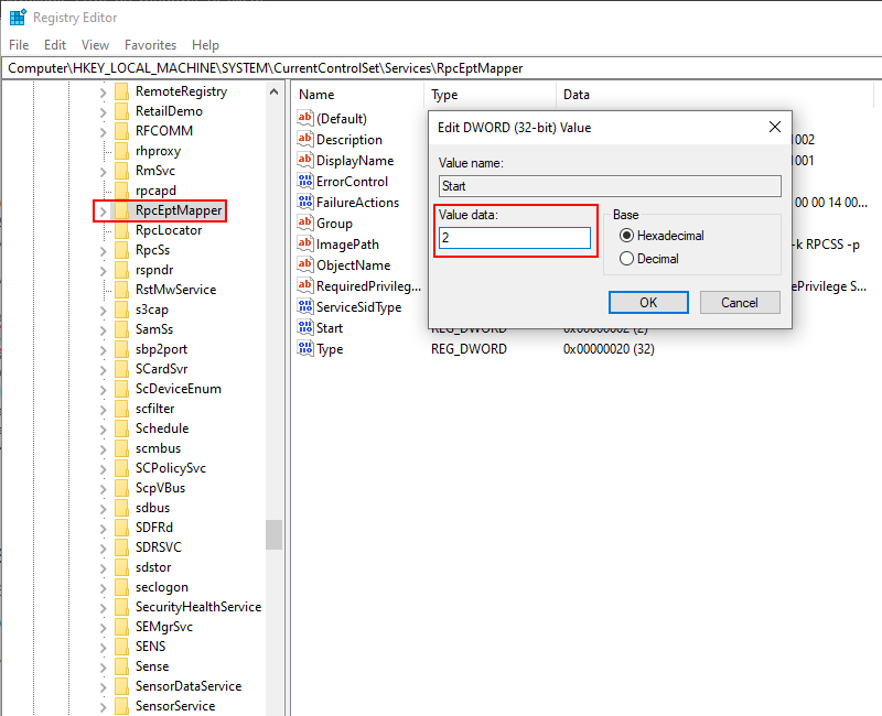 HKEY_local_Machine\System\CURRENTCONTROLSET\services\MPSSVC. Start regedit. RPC Endpoint Mapper. RPC Replication timeout (mins) regedit. Rpc unavailable