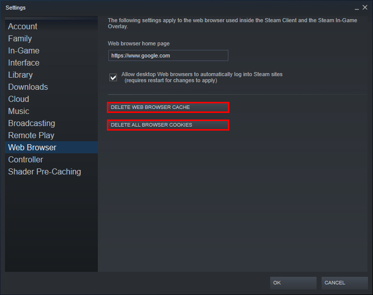 Hapus Data Browser Dari Steam Settings