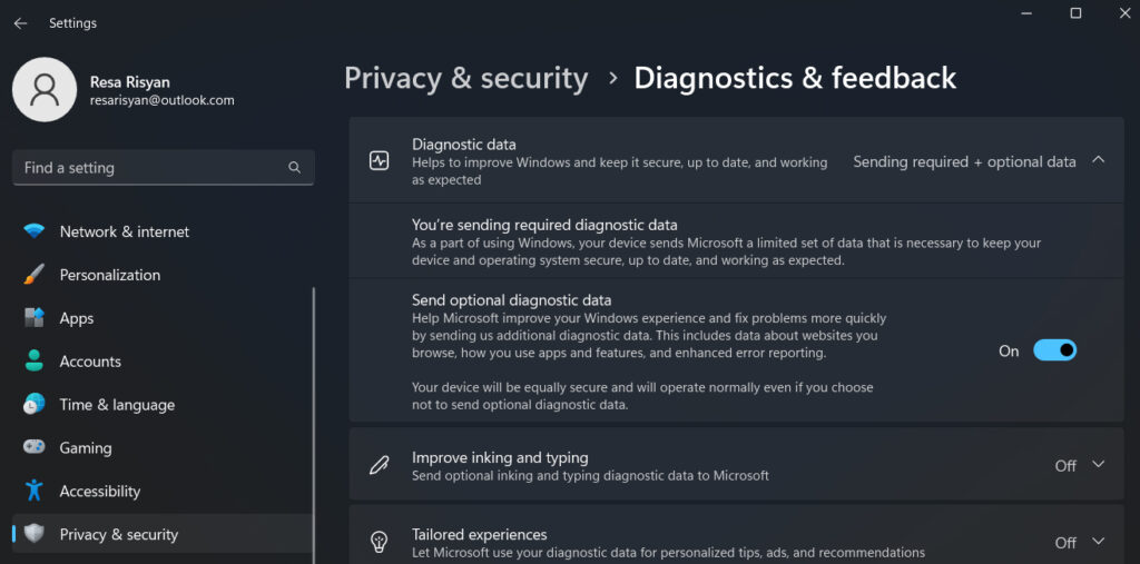 Ubah Pengaturan Diagnostic Data